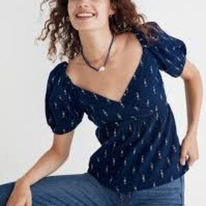 NWT MADEWELL Women’s Jacquard Puff Sleeve Empire Top Navy Size Small $88.00